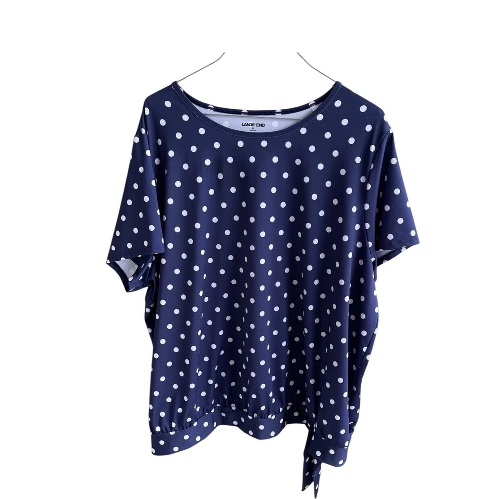 Lands End Womens Plus‎ 1X Navy Blue White Polka Dot Short Sleeve Cinched Hem Top